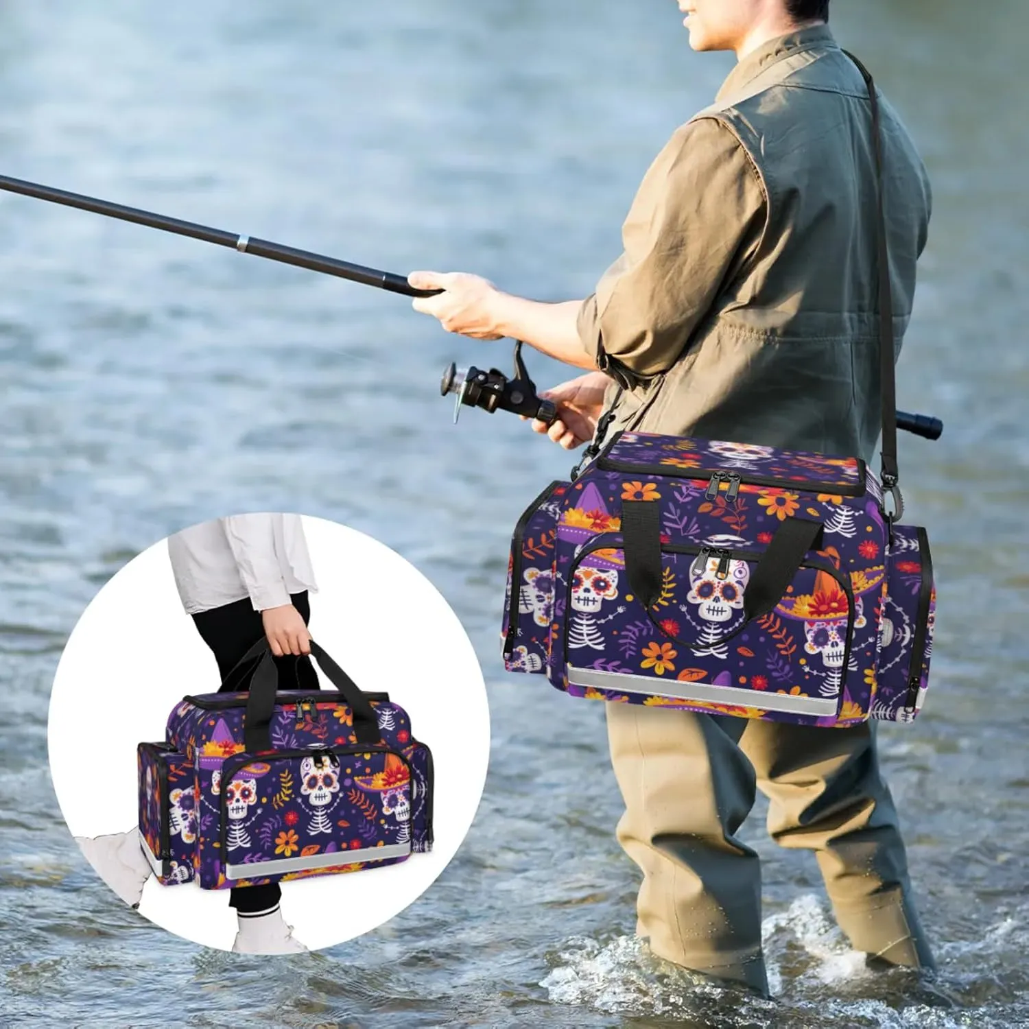 Waterproof Tactical Duffle Bag 25" Carry On Bag for EMT Tear-Resistant Gym Bag with Multi-Pocket & OSHA Reflective Travel Bags for Men Women Floral Skeleton