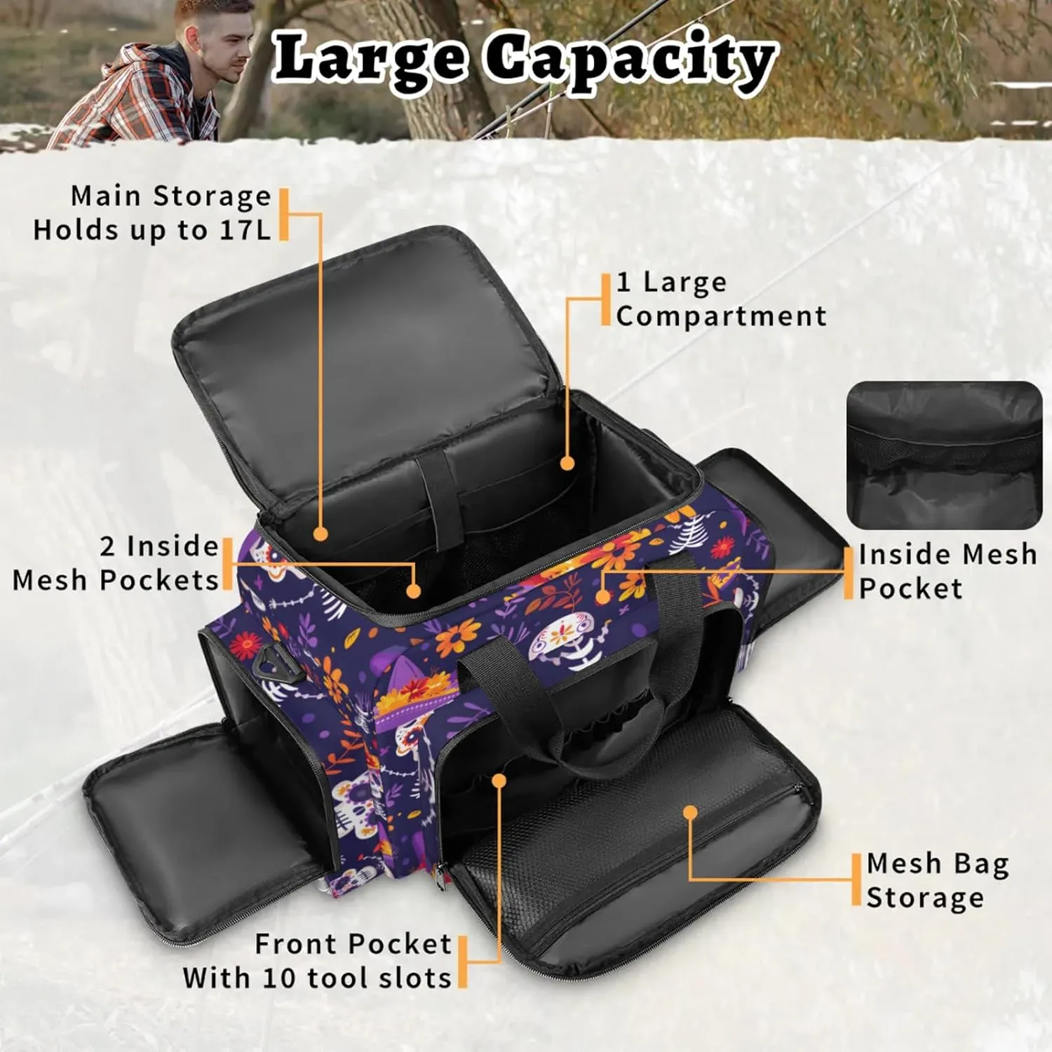 Waterproof Tactical Duffle Bag 25" Carry On Bag for EMT Tear-Resistant Gym Bag with Multi-Pocket & OSHA Reflective Travel Bags for Men Women Floral Skeleton
