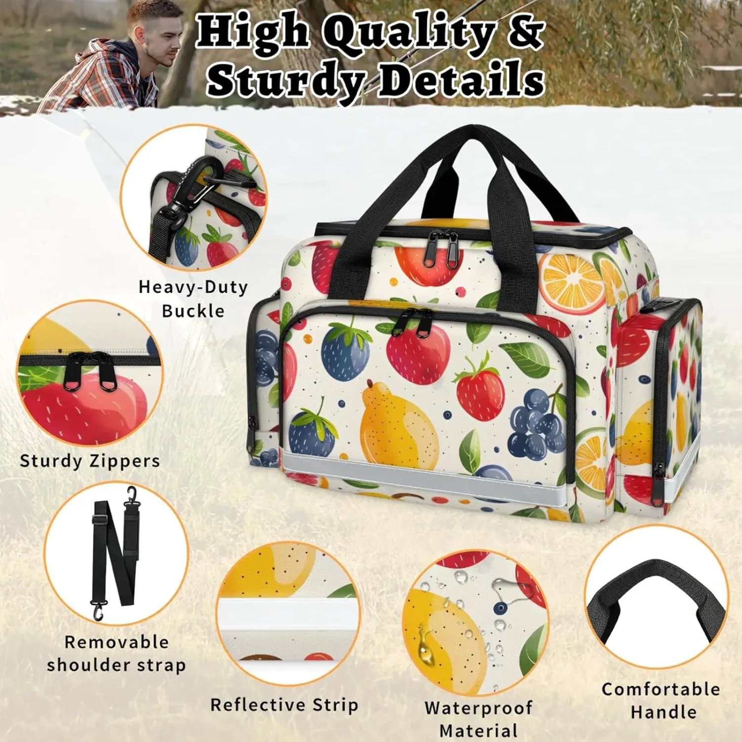 Waterproof Tactical Duffle Bag 25" Carry On Bag for EMT Tear-Resistant Gym Bag with Multi-Pocket & OSHA Reflective Travel Bags for Men Women Strawberry Blueberry Orange