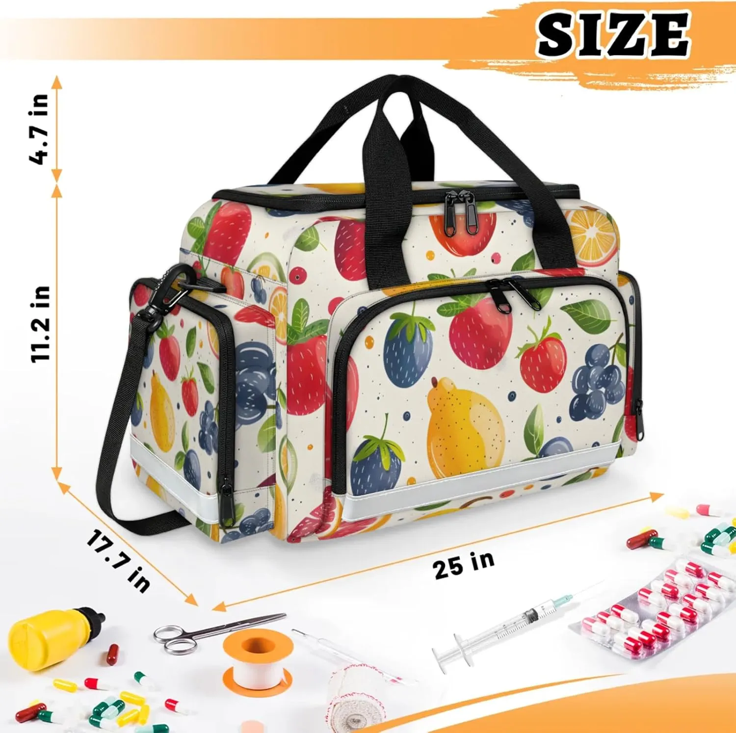 Waterproof Tactical Duffle Bag 25" Carry On Bag for EMT Tear-Resistant Gym Bag with Multi-Pocket & OSHA Reflective Travel Bags for Men Women Strawberry Blueberry Orange