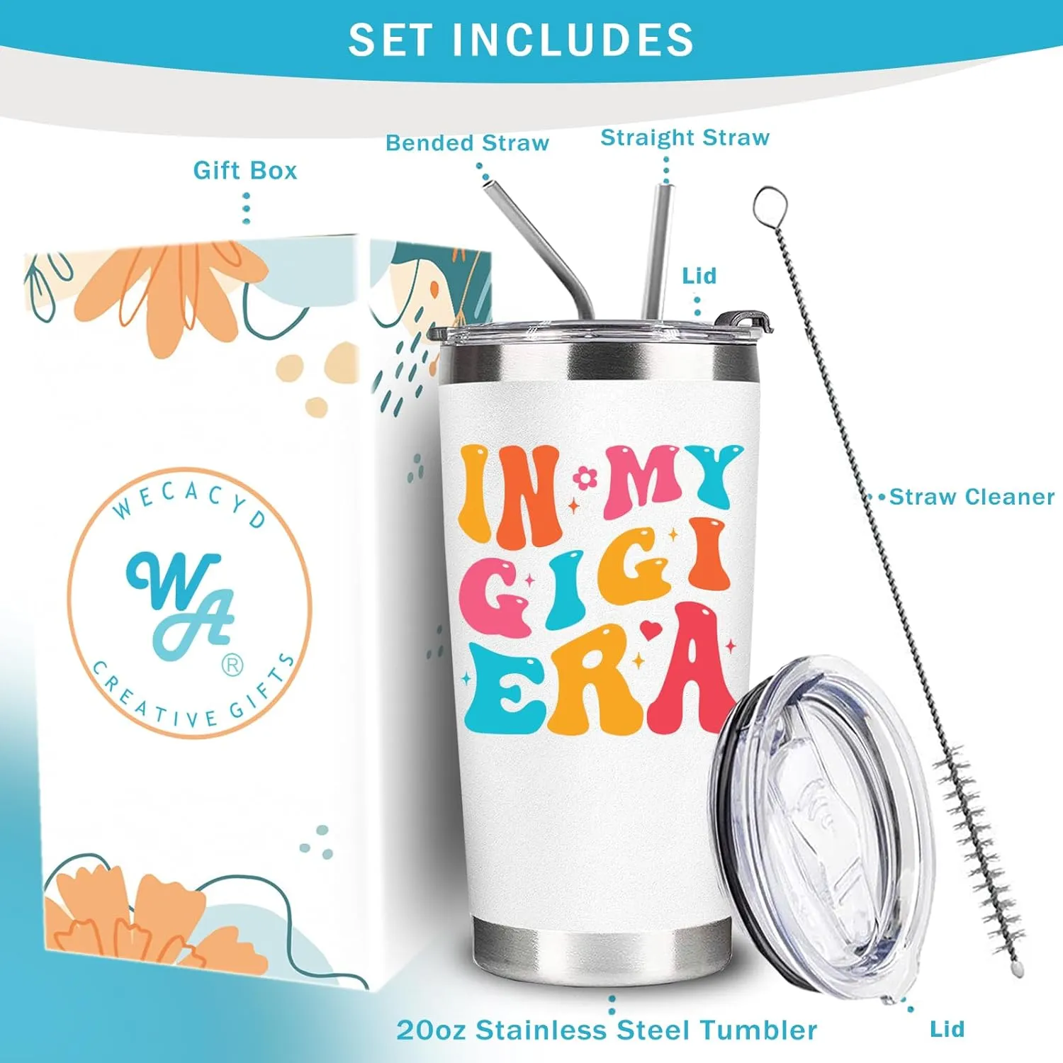 WECACYD Gigi Cup Tumbler with Lid And Straw - 20oz - Gifts for Grandma, Grammy, Christmas, Mother's Day