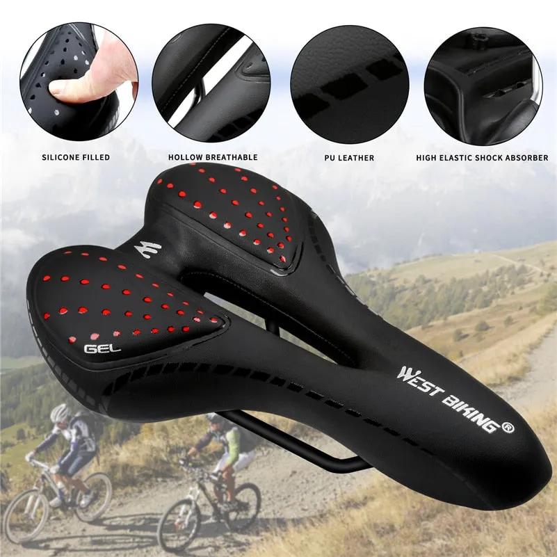 WEST BIKING Bike Saddle Sponge Cushion PU Leather Surface Silica Filled Gel Comfortable Cycling Seat Shockproof Bicycle Saddle