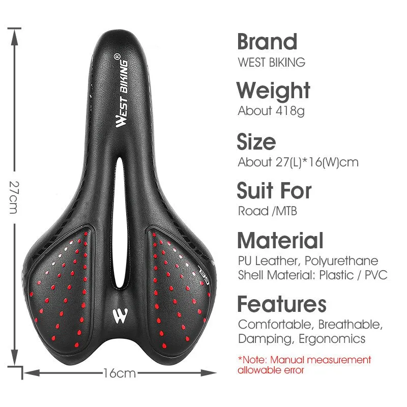 WEST BIKING Bike Saddle Sponge Cushion PU Leather Surface Silica Filled Gel Comfortable Cycling Seat Shockproof Bicycle Saddle