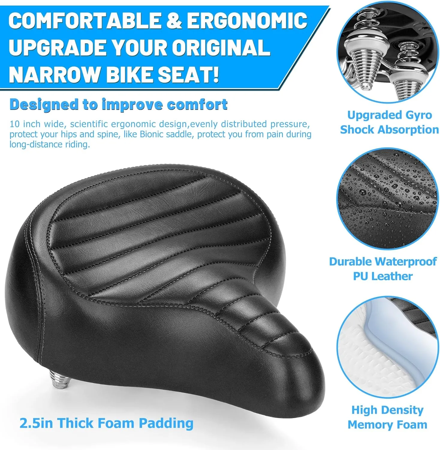 Wide Bike Seat for Men & Women Comfort, Soft Padded Large Bicycle Seat Cushion, Oversized Comfortable Bike Saddle Replacement for Beach Cruiser, Mountain Bike, City Bike, Ebike, Stationary Bike