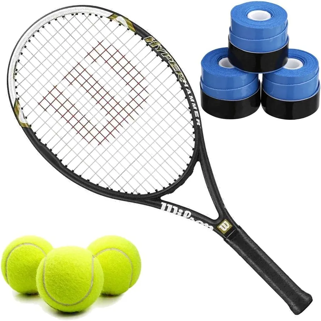 Wilson Hyper Hammer 5.3 110 Pre-Strung Recreational Tennis Racquet Set or Kit Bundled with Overgrips and a Can of ITF Regulation Tennis Balls