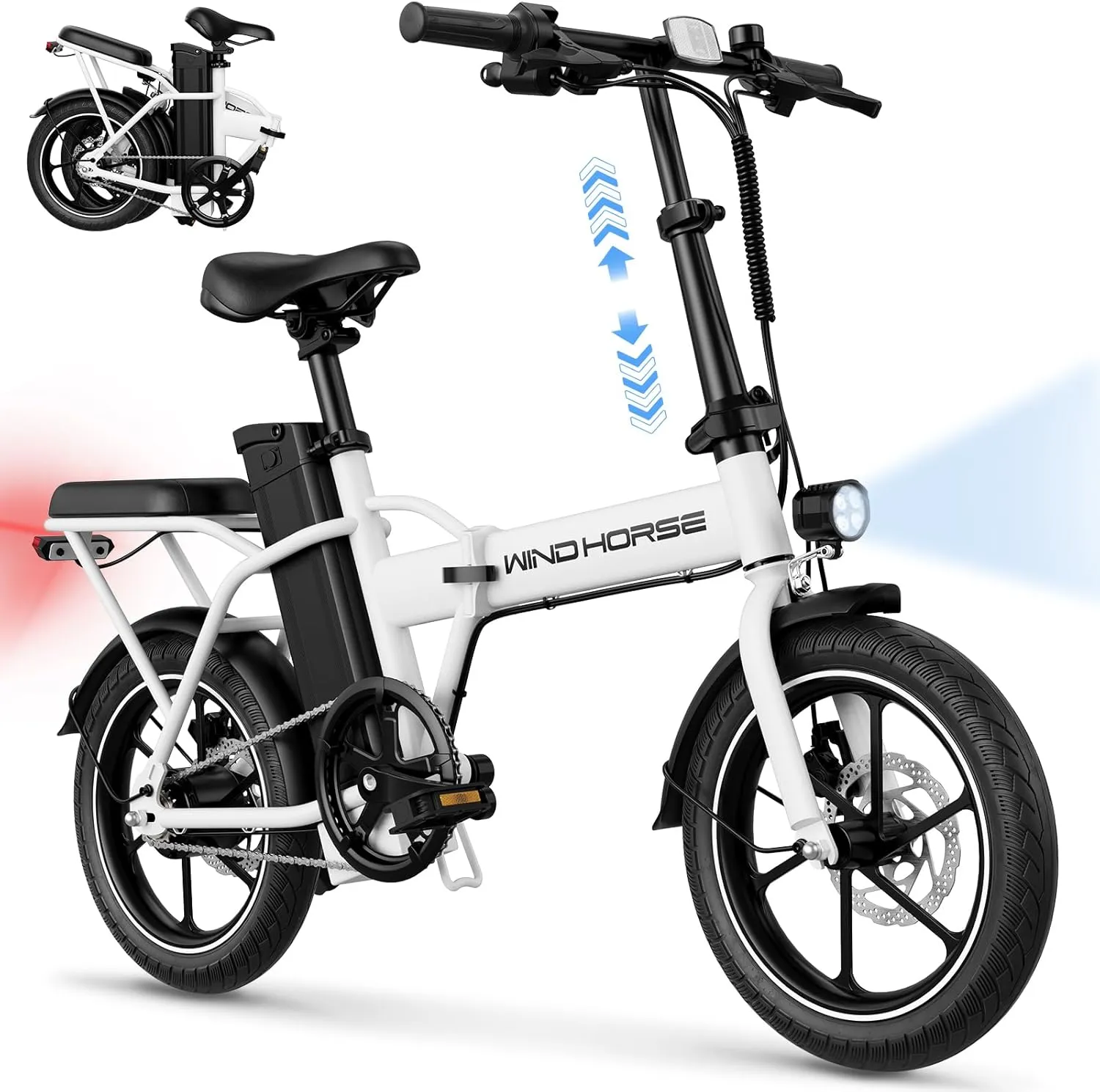 WINDHORSE 16" Folding Electric Bike for Adults, 630W Peak Power, 25MPH, 35-Mile Range, 288Wh Removable Battery with Lock, Dual Disc Brake, 2 Seat Ebike for Commuter