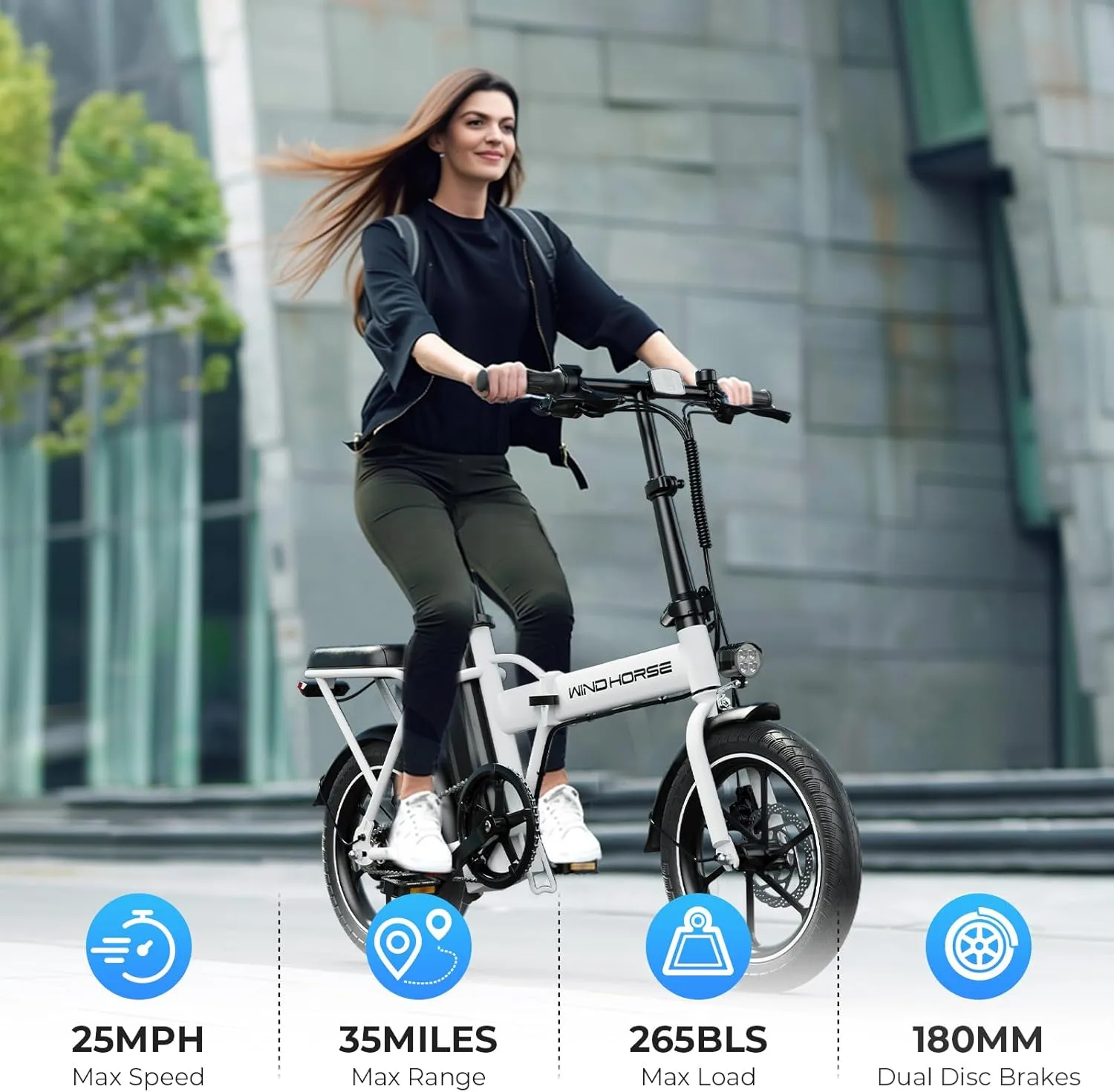 WINDHORSE 16" Folding Electric Bike for Adults, 630W Peak Power, 25MPH, 35-Mile Range, 288Wh Removable Battery with Lock, Dual Disc Brake, 2 Seat Ebike for Commuter