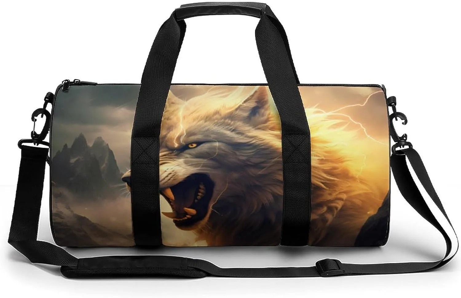 Wolf in Mountains with Thunder Surrounding Travel Duffel Bag Gym Bags Sports Tote Shoulder Weekender Handbag for Men Women