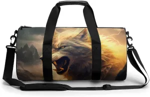 Wolf in Mountains with Thunder Surrounding Travel Duffel Bag Gym Bags Sports Tote Shoulder Weekender Handbag for Men Women