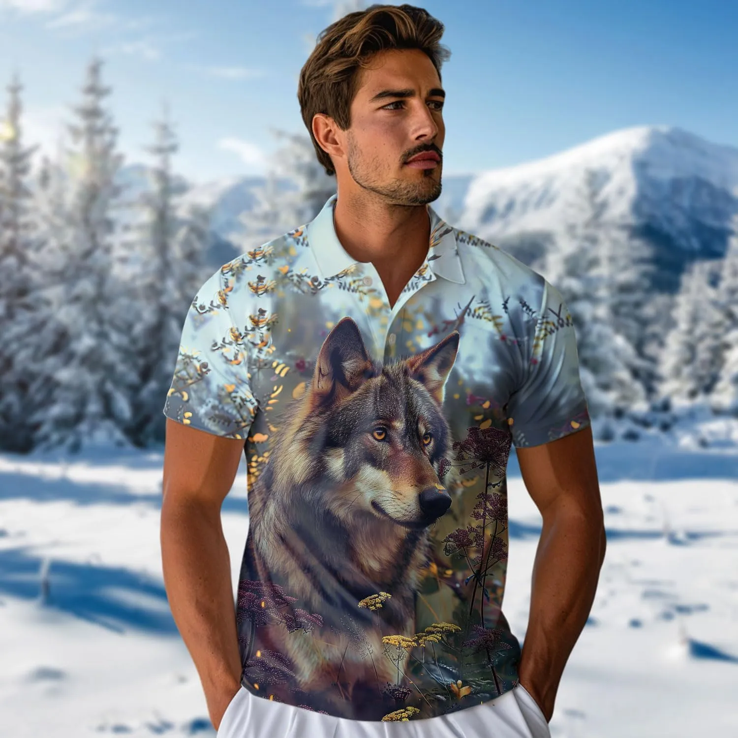 Wolf Lovers Men's Polo Shirts - Mythical Wolf Casual Short Sleeve Slim Fit Golf Shirts for Men Series 23