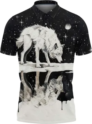 Wolf Lovers Men's Polo Shirts - Mythical Wolf Casual Short Sleeve Slim Fit Golf Shirts for Men Series 23