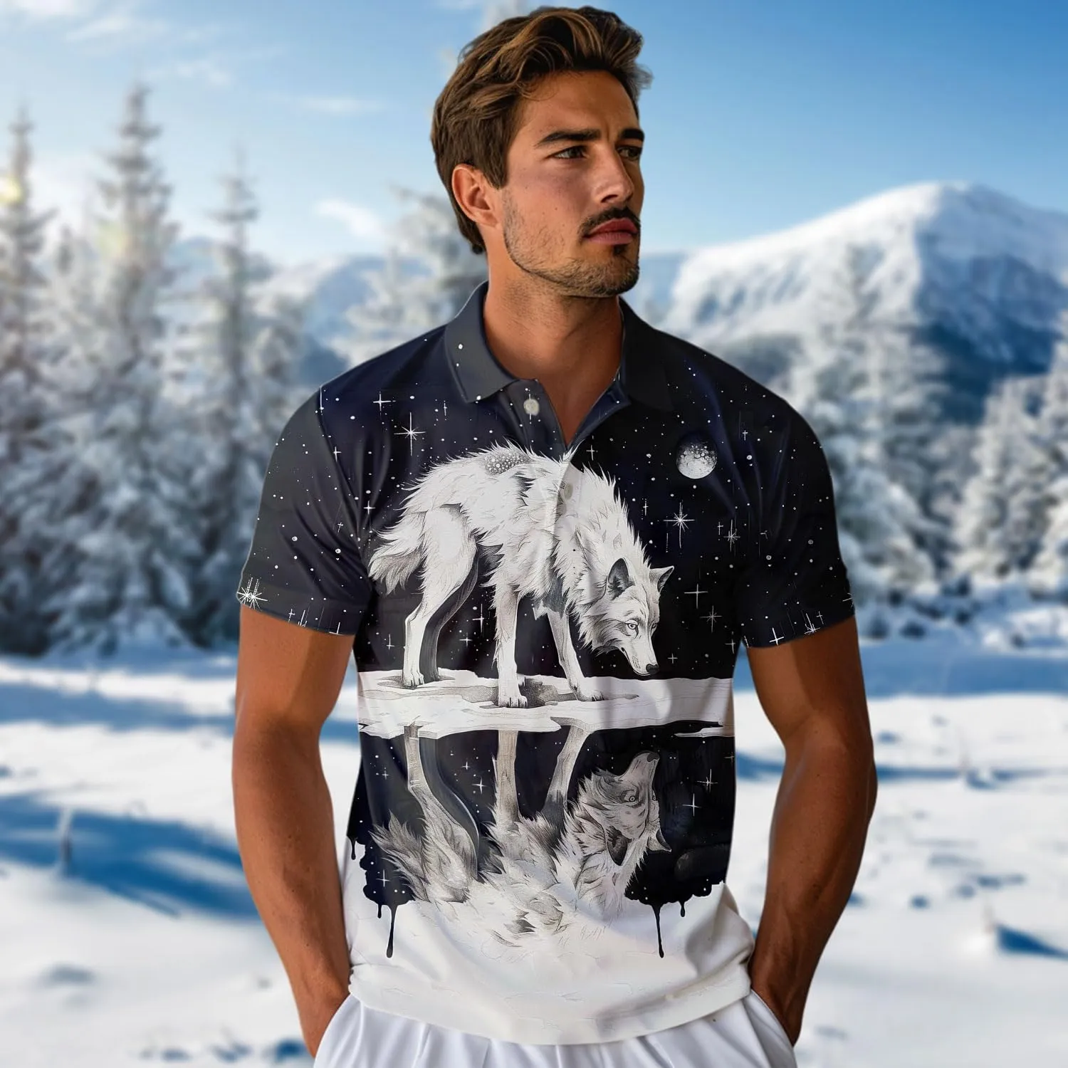 Wolf Lovers Men's Polo Shirts - Mythical Wolf Casual Short Sleeve Slim Fit Golf Shirts for Men Series 23