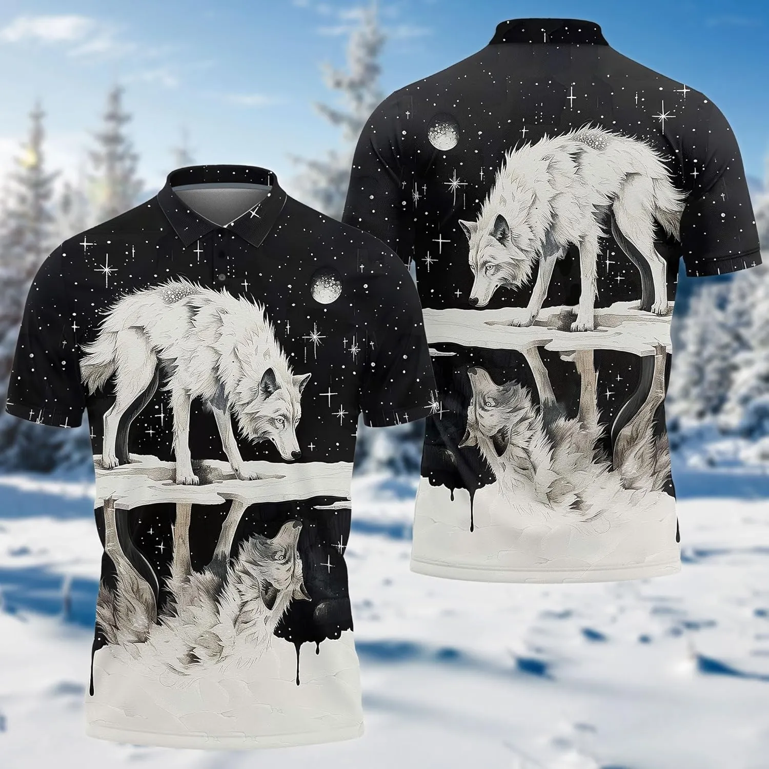 Wolf Lovers Men's Polo Shirts - Mythical Wolf Casual Short Sleeve Slim Fit Golf Shirts for Men Series 23