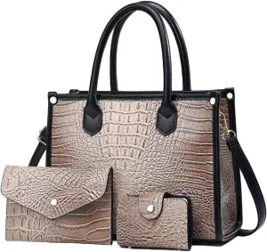 Women 3pcs Handbag and Purse Crocodile Pattern Totes Satchel Clutch Wallet Card Holder