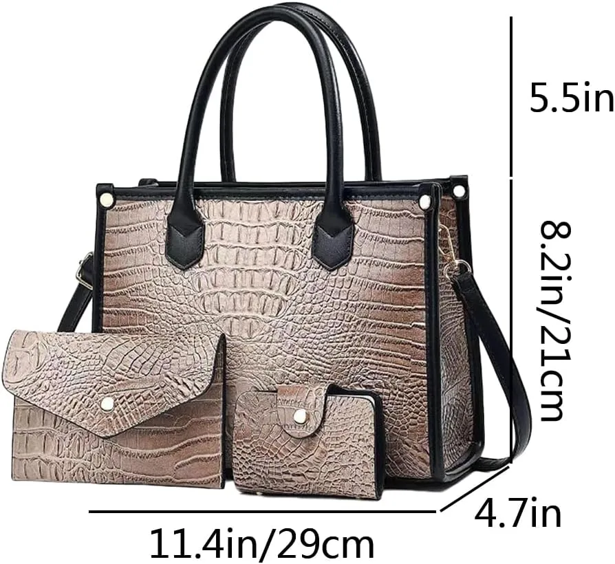 Women 3pcs Handbag and Purse Crocodile Pattern Totes Satchel Clutch Wallet Card Holder
