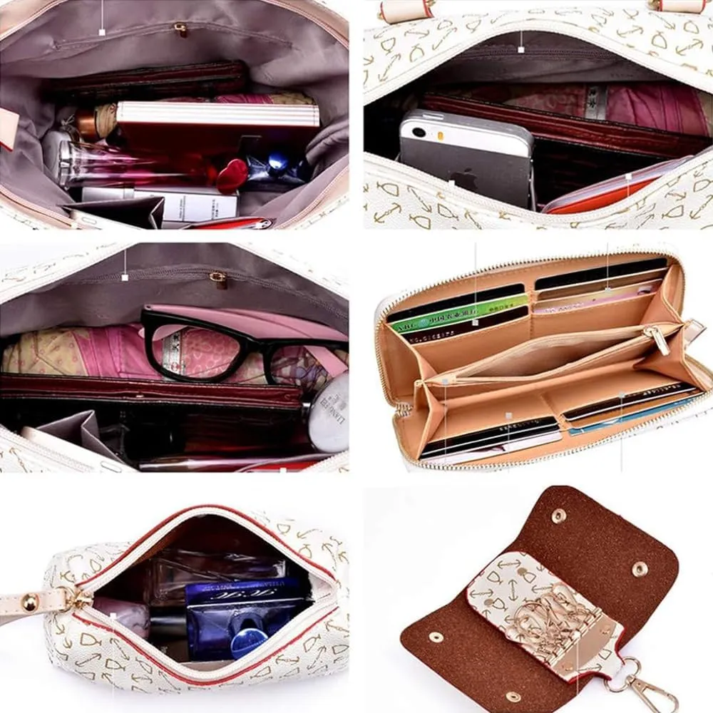 Women Totes Purse Satchel 6pcs Faux Leather Arrow Printing Handbag Shoulder Bag Clutch Wallet