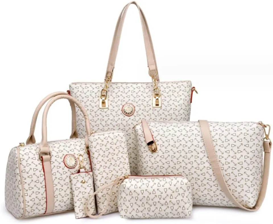Women Totes Purse Satchel 6pcs Faux Leather Arrow Printing Handbag Shoulder Bag Clutch Wallet