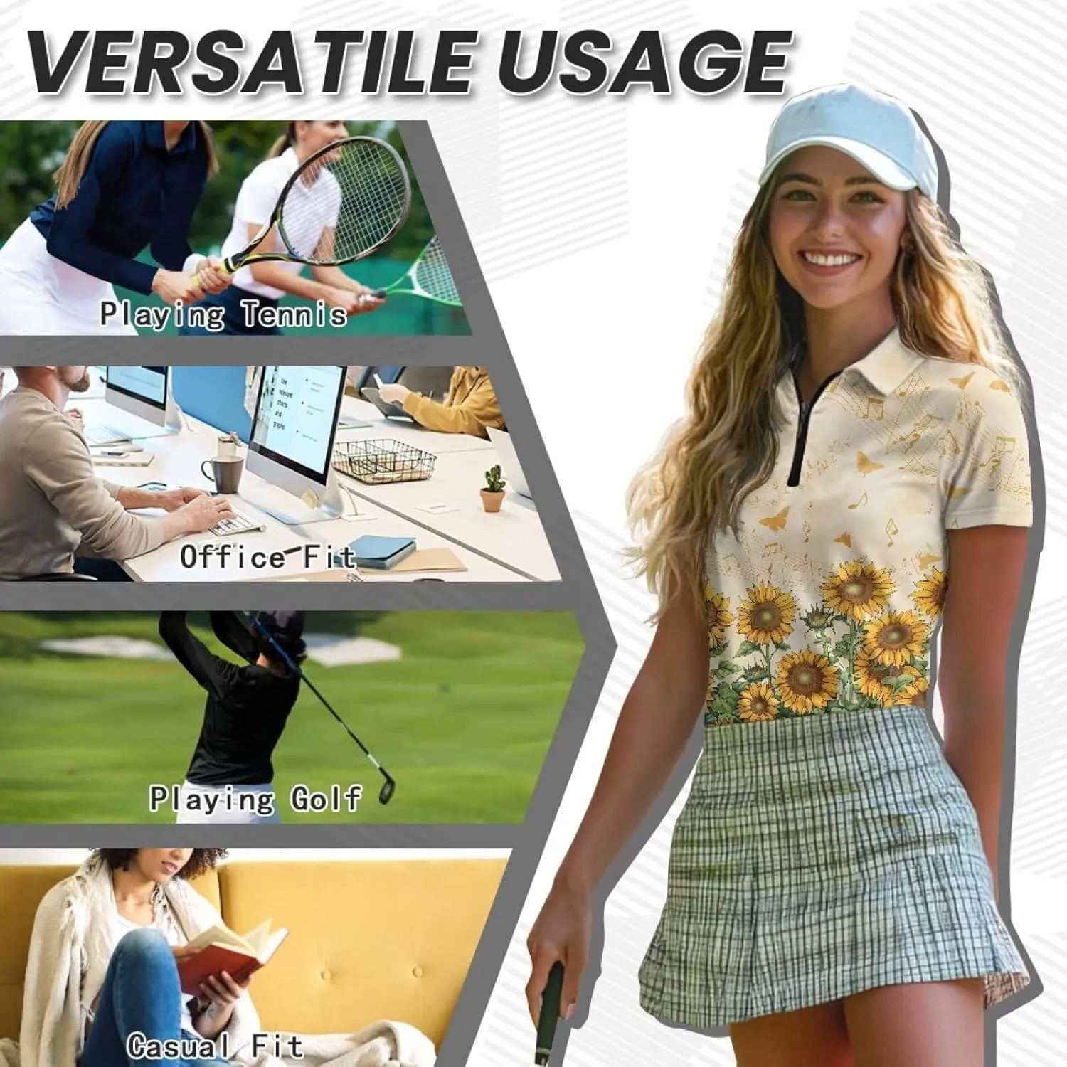Womens Golf Clothes Short Sleeve Collared Tennis Shirts for Ladies Zip Pullover Running Outdoor Tops Quick Dry