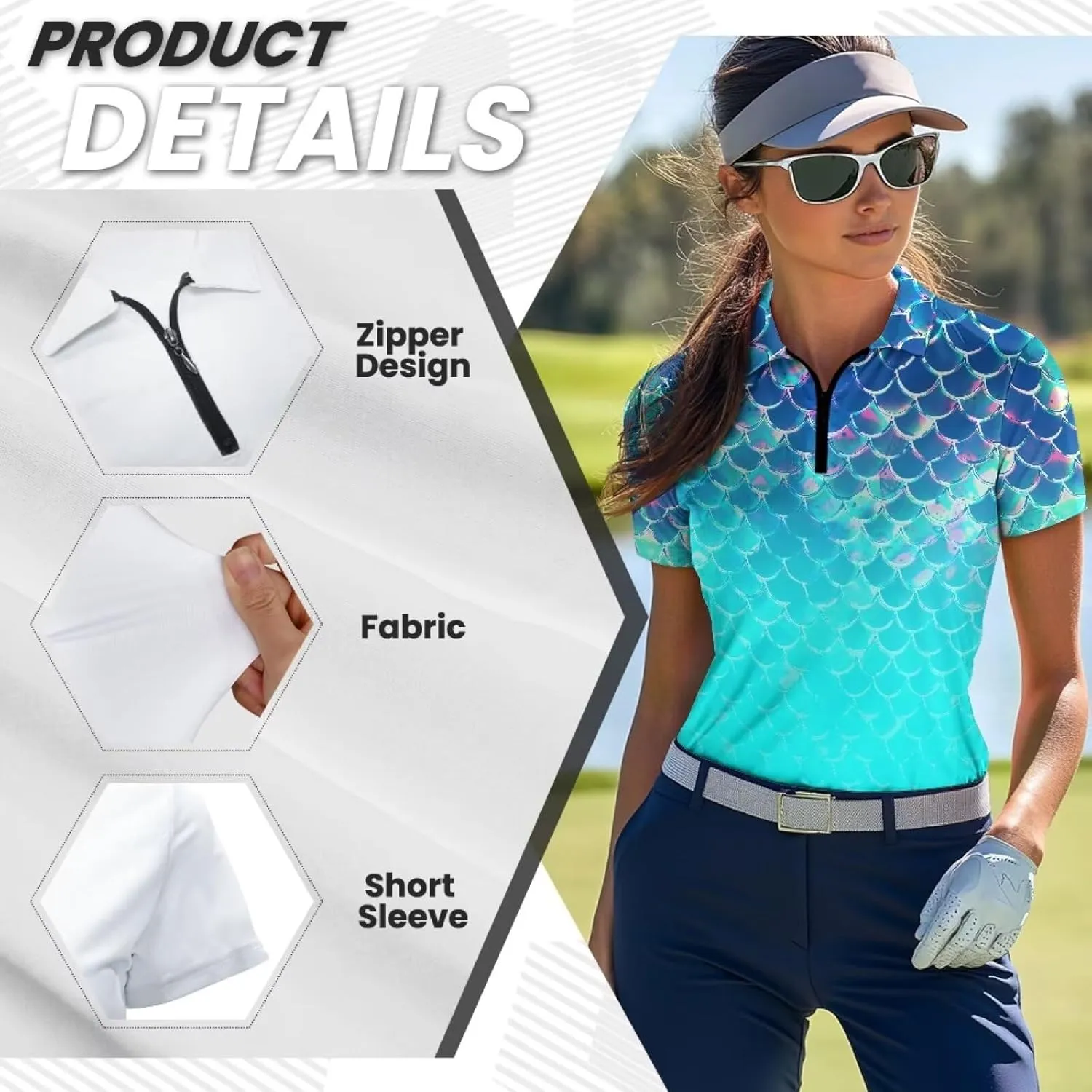 Womens Golf Clothes Short Sleeve Collared Tennis Shirts for Ladies Zip Pullover Running Outdoor Tops Quick Dry