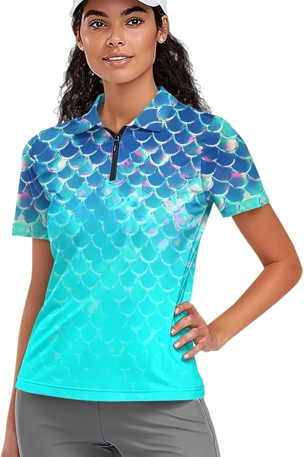 Womens Golf Clothes Short Sleeve Collared Tennis Shirts for Ladies Zip Pullover Running Outdoor Tops Quick Dry