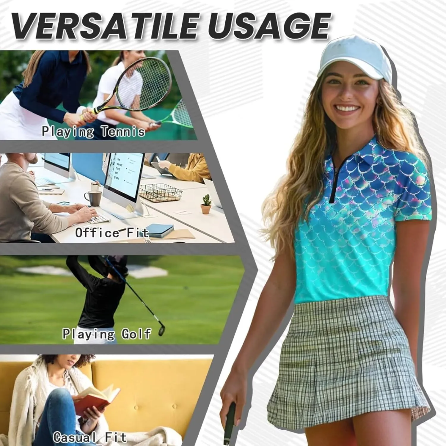 Womens Golf Clothes Short Sleeve Collared Tennis Shirts for Ladies Zip Pullover Running Outdoor Tops Quick Dry
