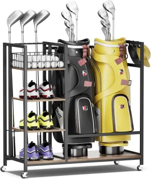 Wooden Golf Bag Storage Stand, Farmhouse Style Sports Equipment Organizer, Garage Organizer for Golf Equipment, Clubs, Balls and Accessories