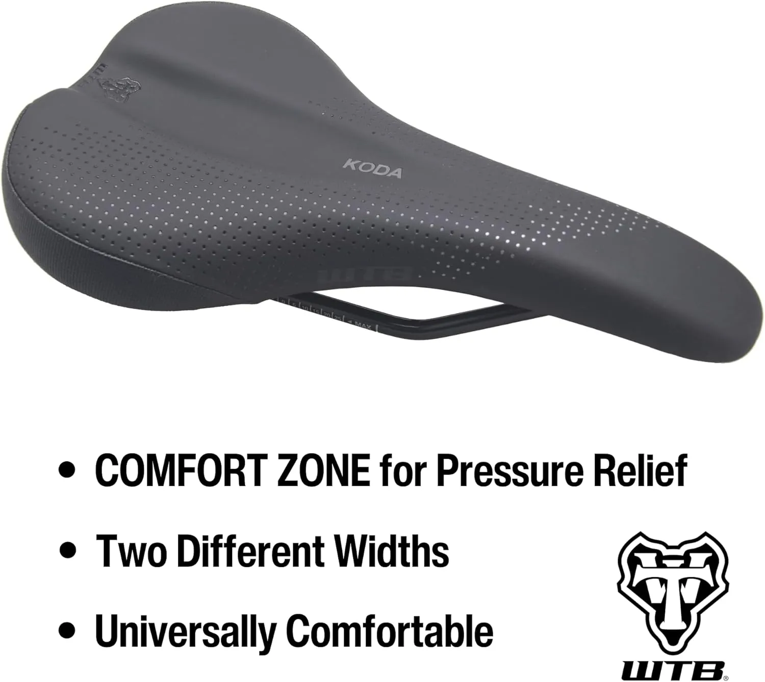 WTB Koda Bike Saddle, Comfortable Mountain Bike Saddle with Comfort Zone Pressure Relief, Gravel, Trail, Enduro, Bikepacking, Flat Nose, Medium or Wide, Titanium, Chromoly, or Steel Rail