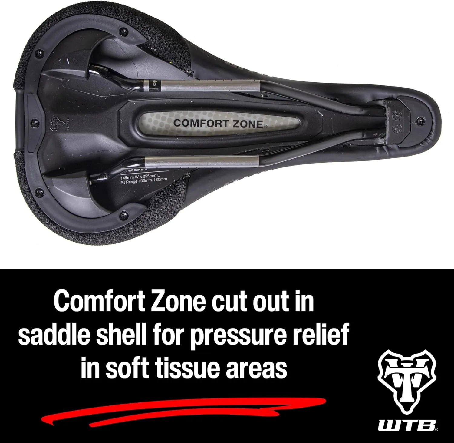 WTB Koda Bike Saddle, Comfortable Mountain Bike Saddle with Comfort Zone Pressure Relief, Gravel, Trail, Enduro, Bikepacking, Flat Nose, Medium or Wide, Titanium, Chromoly, or Steel Rail