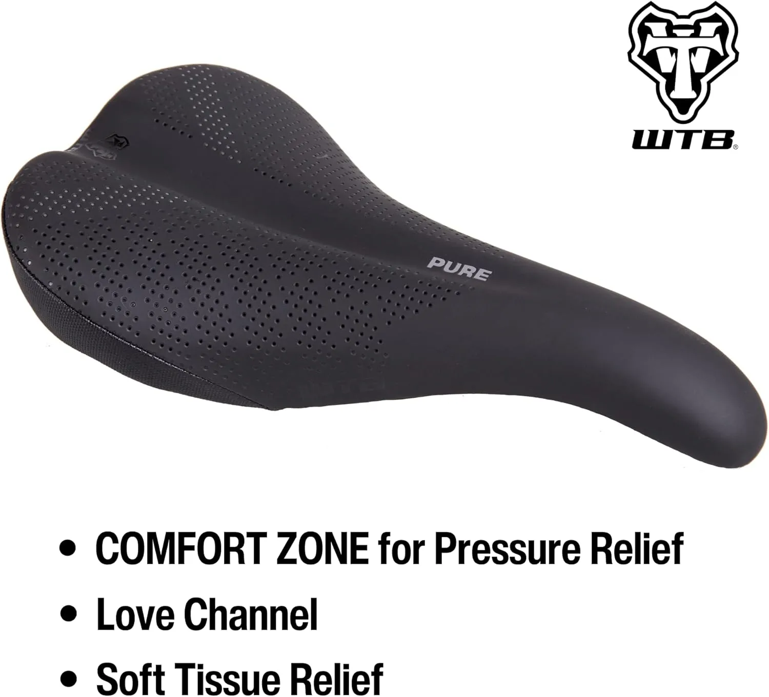 WTB Pure Bike Saddle, Comfortable All Day Saddle with Thick Padding, Ideal for Bikepacking & Long Distance Cycling, Drop Nose Design, Available with Steel or Chromoly Rails