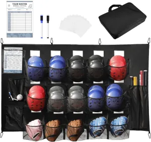 XBA Hanging Baseball Helmet Bag for Softball Team Dugout Organizer Storage for 15 Player Baseball Training Equipment Bag with Bag Hooks and Name Tag Slots for Helmets,Bats, Gloves, Balls, Black