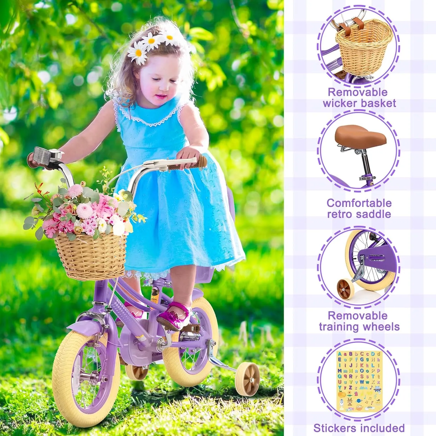 XJD Girls Bike for 2-12 Years Old Toddlers and Kids, 12 14 16 20 Inch Kids Bike with Basket and Bell Training Wheels, Adjustable Seat Handlebar Height