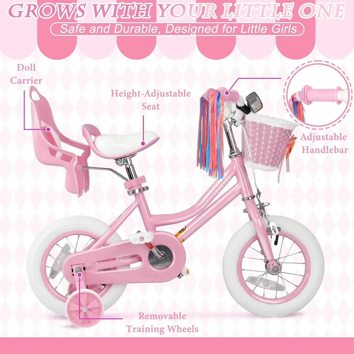 XJD Girls Bike for 2-12 Years Old Toddlers and Kids, 12 14 16 20 Inch Kids Bike with Basket and Bell Training Wheels, Adjustable Seat Handlebar Height