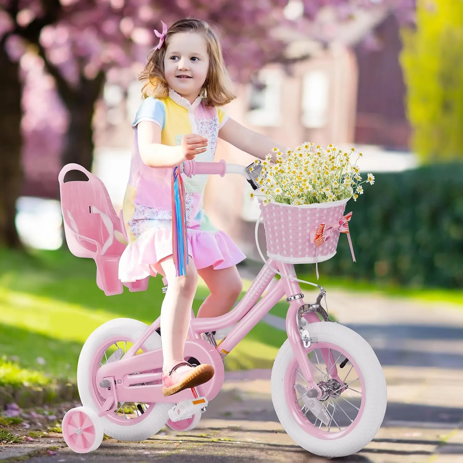 XJD Girls Bike for 2-12 Years Old Toddlers and Kids, 12 14 16 20 Inch Kids Bike with Basket and Bell Training Wheels, Adjustable Seat Handlebar Height