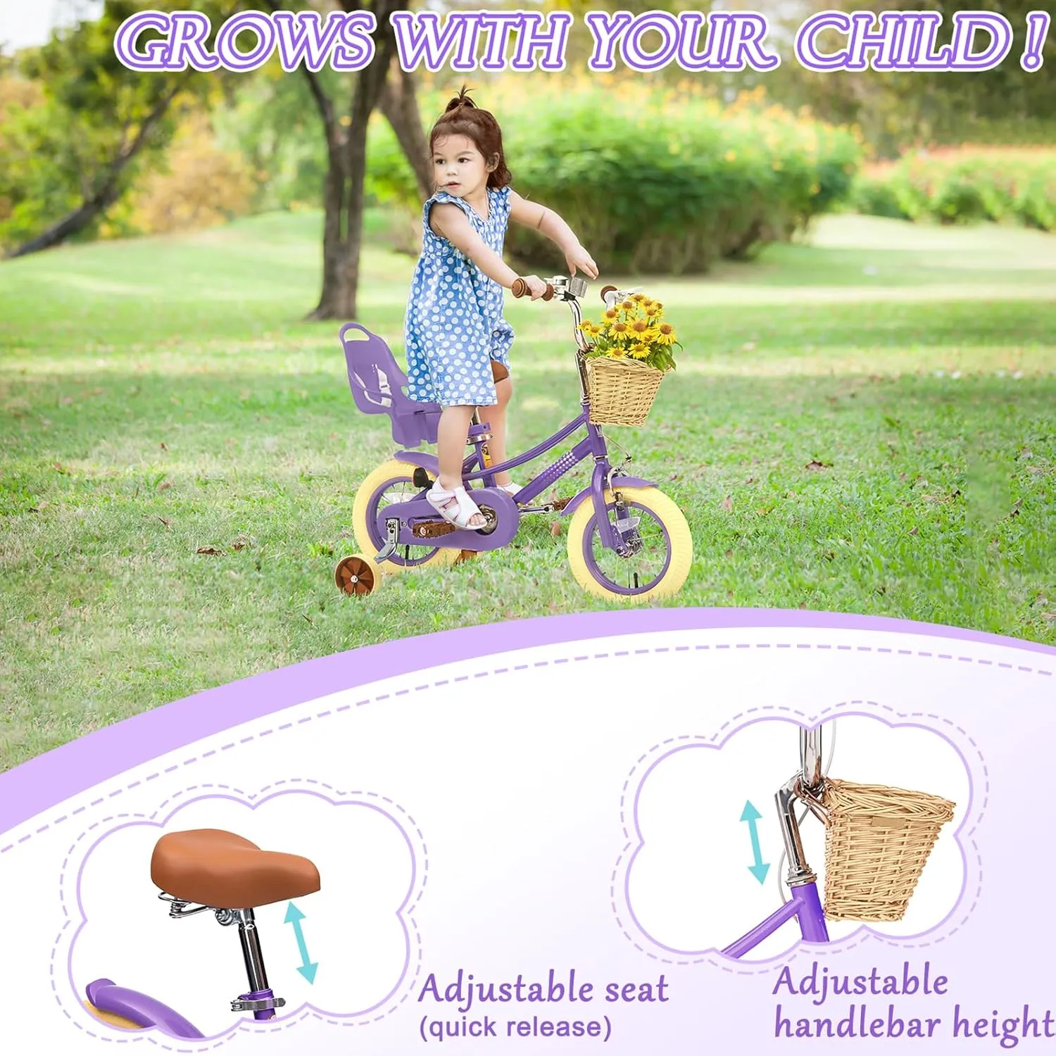 XJD Girls Bike for 2-12 Years Old Toddlers and Kids, 12 14 16 20 Inch Kids Bike with Basket and Bell Training Wheels, Adjustable Seat Handlebar Height