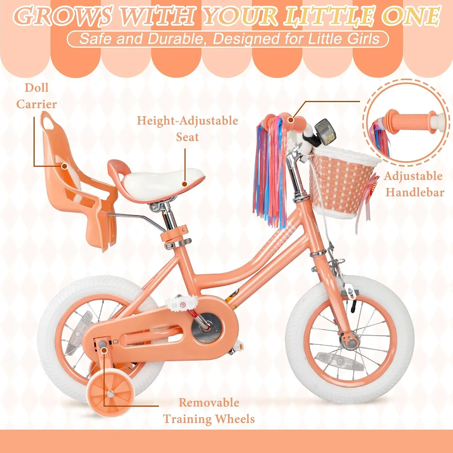 XJD Girls Bike for 2-12 Years Old Toddlers and Kids, 12 14 16 20 Inch Kids Bike with Basket and Bell Training Wheels, Adjustable Seat Handlebar Height