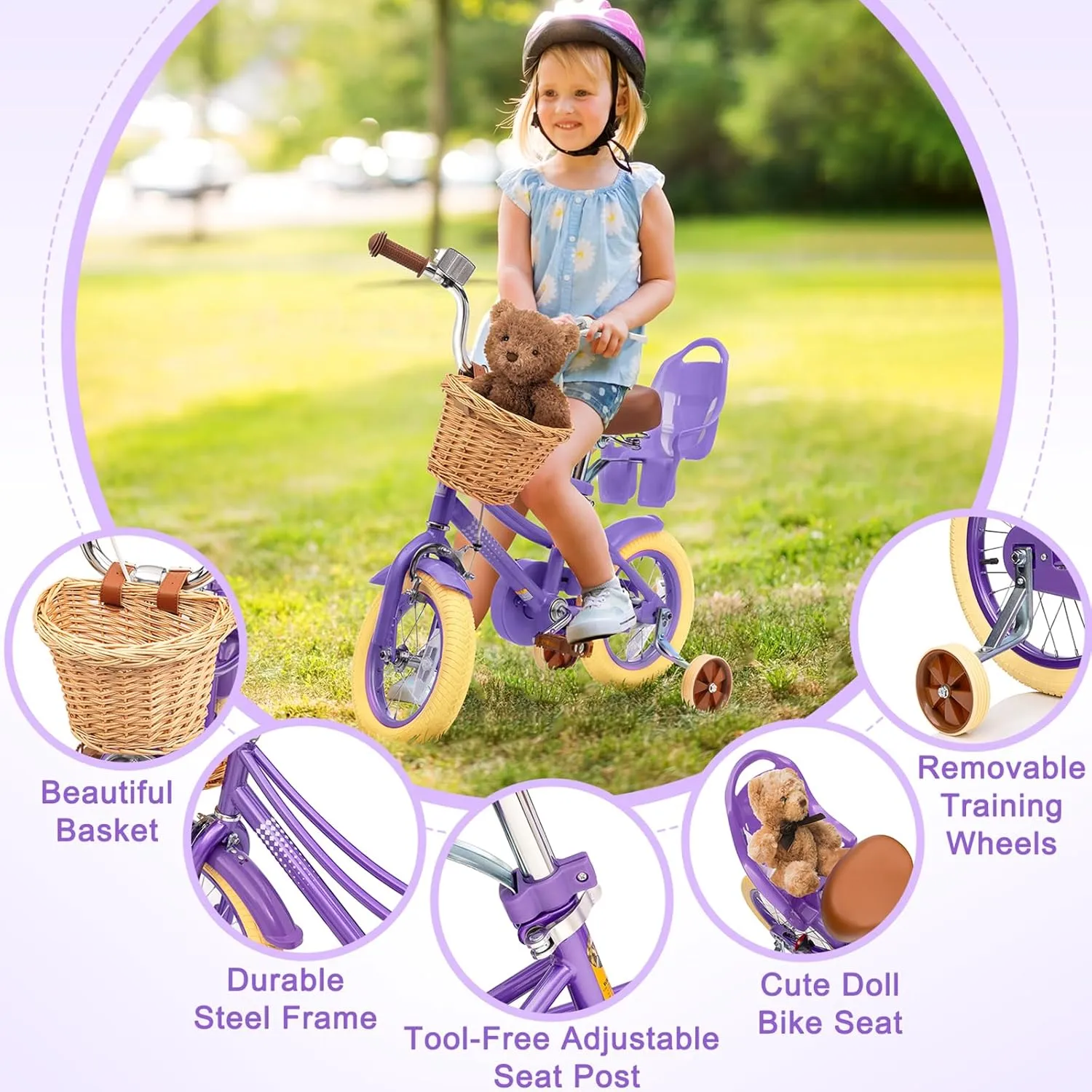 XJD Girls Bike for 2-12 Years Old Toddlers and Kids, 12 14 16 20 Inch Kids Bike with Basket and Bell Training Wheels, Adjustable Seat Handlebar Height