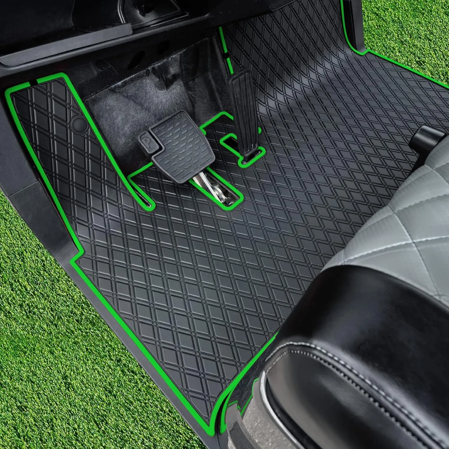 Xtreme Mats Golf Cart Floor Mat Compatible with Yamaha Drive2, Full Coverage Golf Cart Floor Liner Mat - Fits Yamaha Drive2 Models Only (2017-2023) & UMAX Rally 4x4 - Black with Green Trim