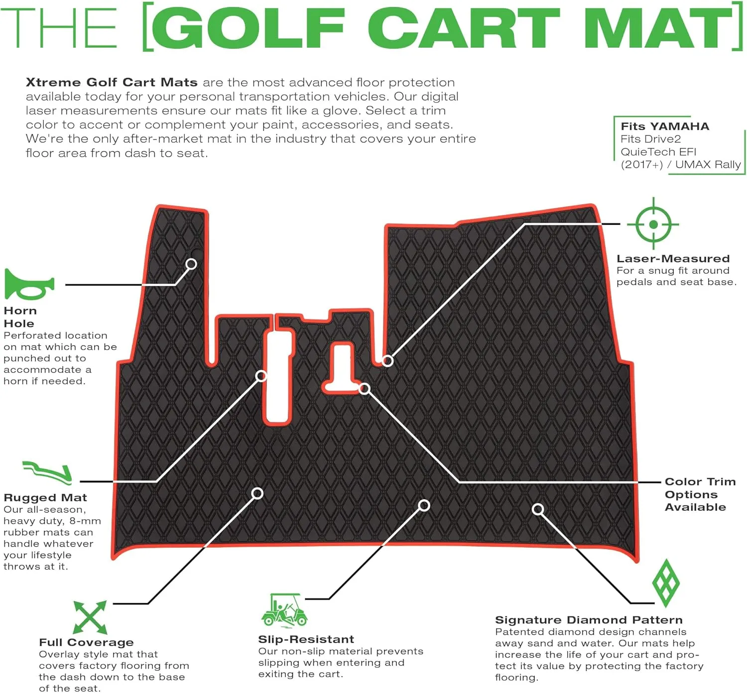 Xtreme Mats Golf Cart Floor Mat Compatible with Yamaha Drive2, Full Coverage Golf Cart Floor Liner Mat - Fits Yamaha Drive2 Models Only (2017-2023) & UMAX Rally 4x4 - Black with Green Trim
