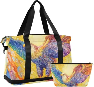 Yellow and Blue bird Spread Its Wings Travel Duffel Bag Shoulder Weekender Overnight Bag with Toiletry Bag for Trip Waterproof