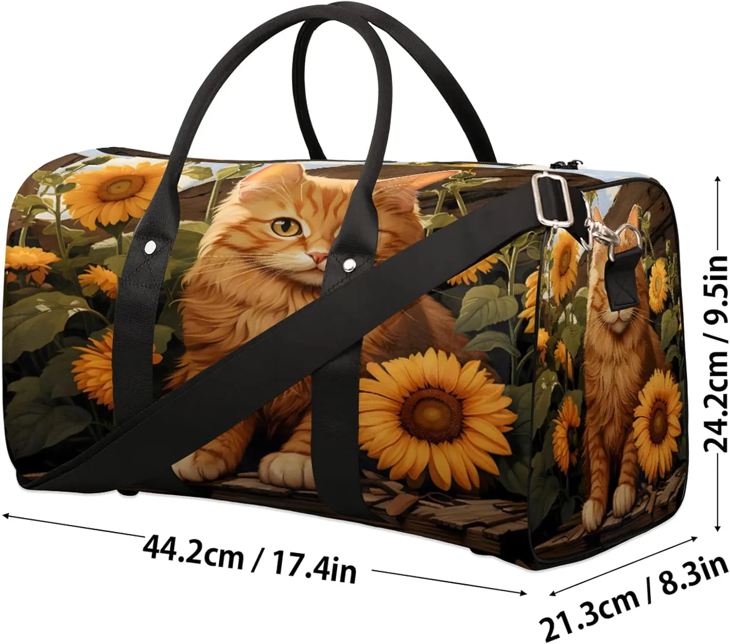 Yellow Cat Sunflower Travel Duffle Bag, Sports Gym Bags for Women Men, Carry On Weekender Overnight Workout Airplane Trips Bag