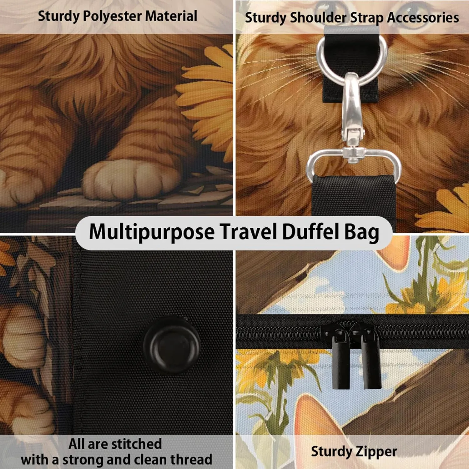 Yellow Cat Sunflower Travel Duffle Bag, Sports Gym Bags for Women Men, Carry On Weekender Overnight Workout Airplane Trips Bag