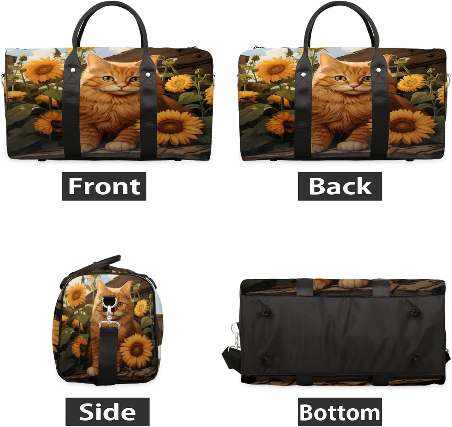 Yellow Cat Sunflower Travel Duffle Bag, Sports Gym Bags for Women Men, Carry On Weekender Overnight Workout Airplane Trips Bag