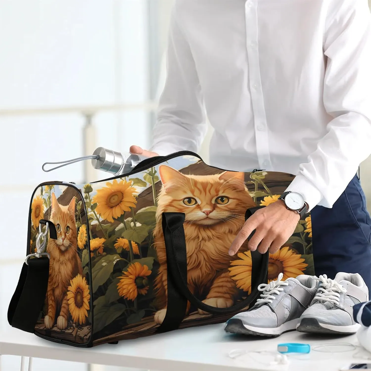 Yellow Cat Sunflower Travel Duffle Bag, Sports Gym Bags for Women Men, Carry On Weekender Overnight Workout Airplane Trips Bag