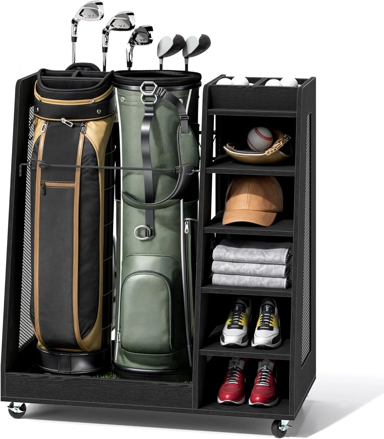 YITAHOME Wooden Golf Bag Organizer for Garage, Rolling Storage Stand for Golf Bags, Clubs, Balls, and Accessories, Holds 2 or 3 Golf Bags, Ideal for Golf Equipment Organization