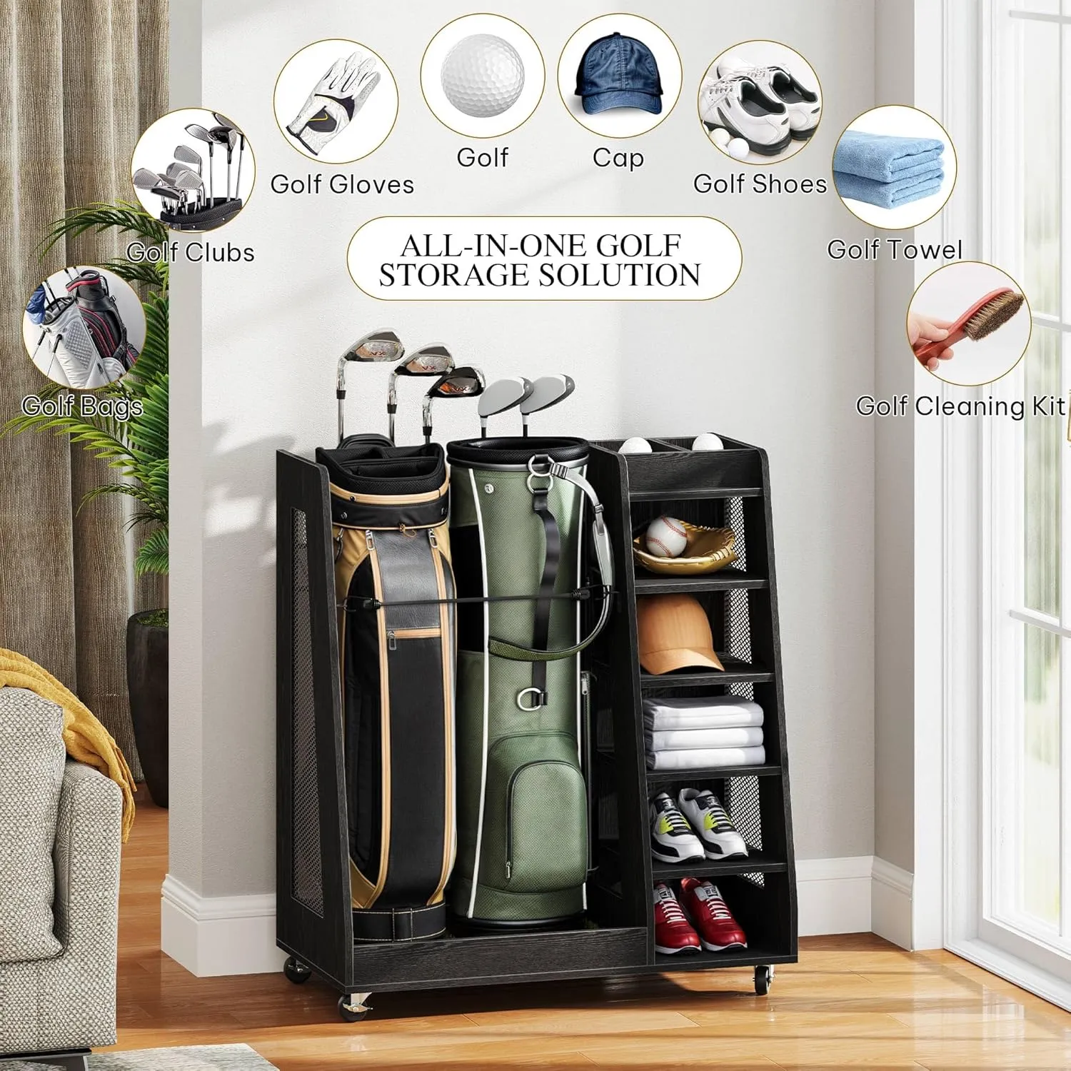 YITAHOME Wooden Golf Bag Organizer for Garage, Rolling Storage Stand for Golf Bags, Clubs, Balls, and Accessories, Holds 2 or 3 Golf Bags, Ideal for Golf Equipment Organization