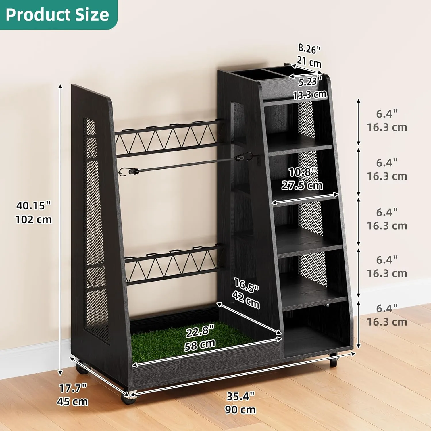 YITAHOME Wooden Golf Bag Organizer for Garage, Rolling Storage Stand for Golf Bags, Clubs, Balls, and Accessories, Holds 2 or 3 Golf Bags, Ideal for Golf Equipment Organization