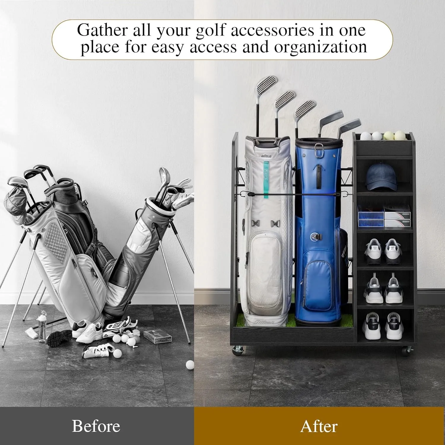 YITAHOME Wooden Golf Bag Organizer for Garage, Rolling Storage Stand for Golf Bags, Clubs, Balls, and Accessories, Holds 2 or 3 Golf Bags, Ideal for Golf Equipment Organization
