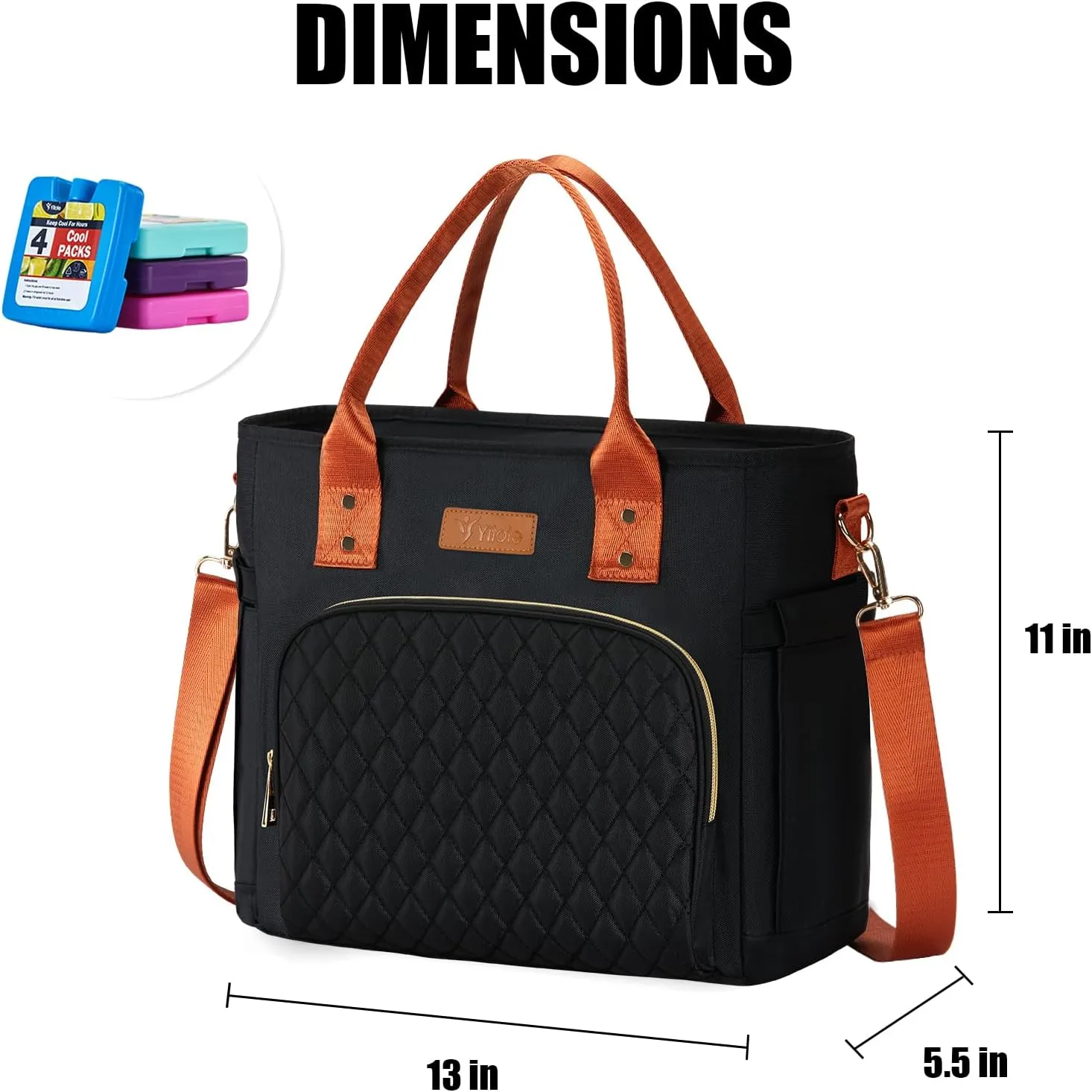 Yitote Lunch Box for Women with 4 Icepacks, 18L Capacity, Cute Lunch Bag with Bottle Holder, Lunch Bags with Adjustable Shoulder Strap, Lunch Bags for Work (Black)