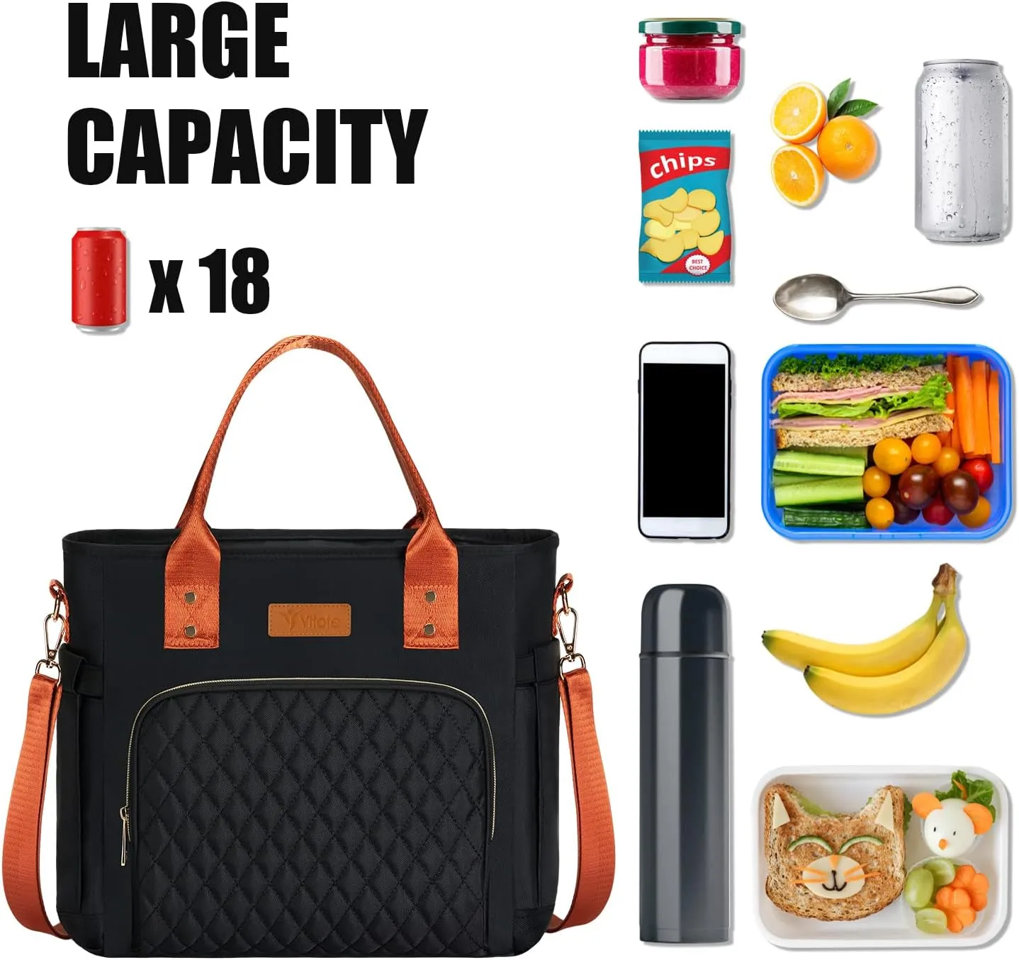 Yitote Lunch Box for Women with 4 Icepacks, 18L Capacity, Cute Lunch Bag with Bottle Holder, Lunch Bags with Adjustable Shoulder Strap, Lunch Bags for Work (Black)