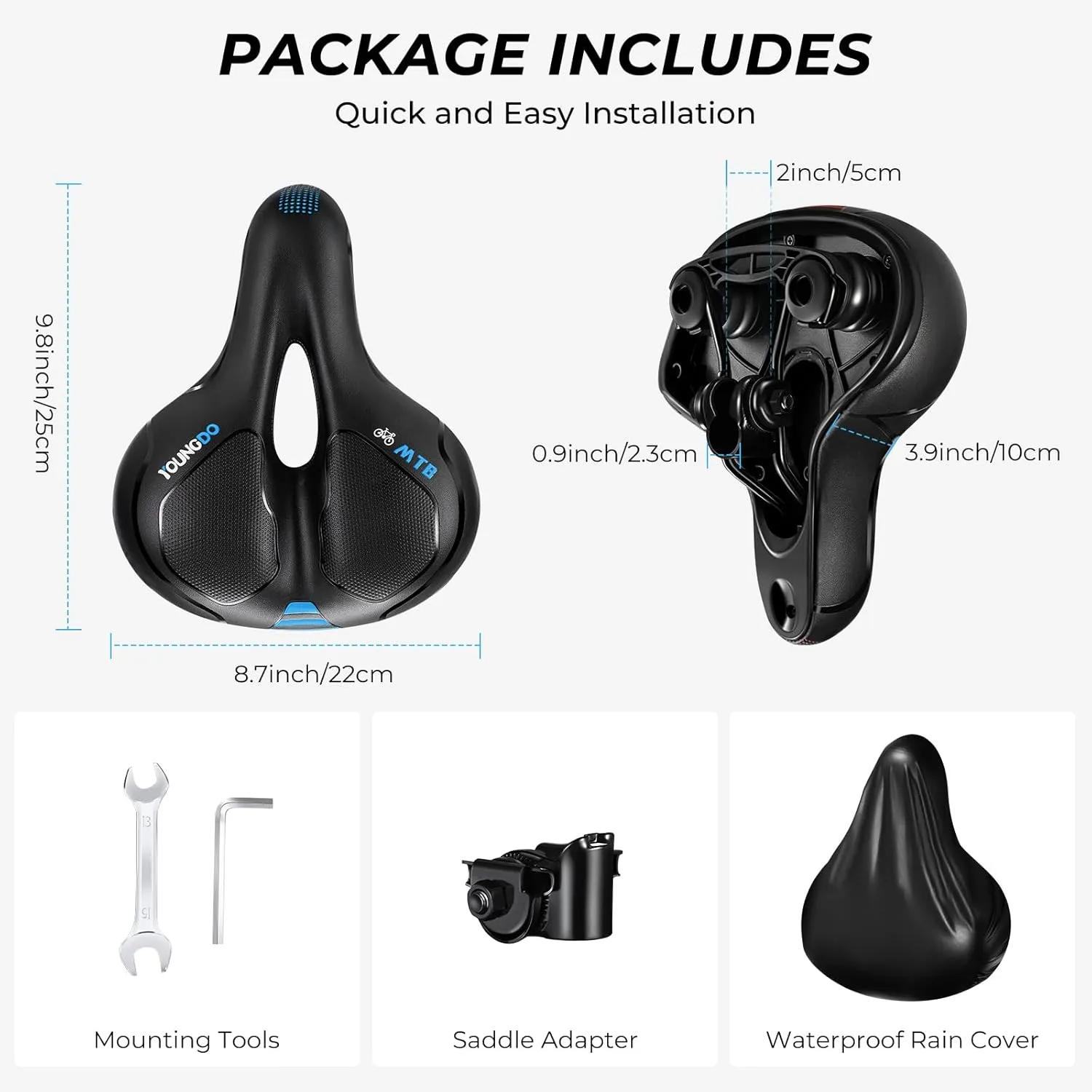 YOUNGDO Bike Seat, Bicycle Saddle Comfortable Soft Wide Road Bike Gel Saddles,Breathable Mountain Bike Seat,Suitable for MTB Mountain Bike,Folding Bike,Road Bike,Spinning Bike, Exercise Bikes